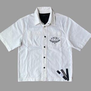 AMIRI White Denim Short Sleeve Jacket / Shirt Logo Print Button Front Large